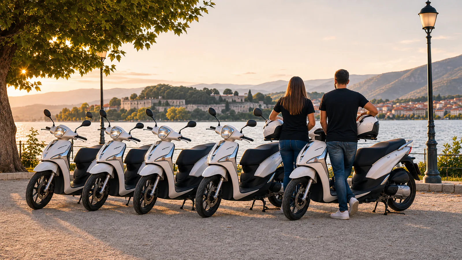 Η ομάδα της Rent Moto με σκούτερ δίπλα στη λίμνη Παμβώτιδα