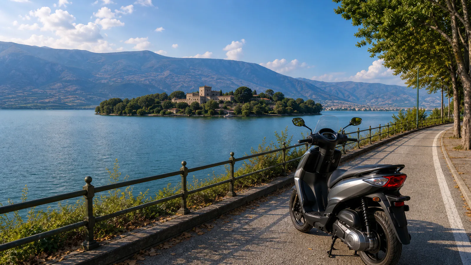 Σκούτερ σε παραλίμνιο δρόμο με θέα τη λίμνη Παμβώτιδα
