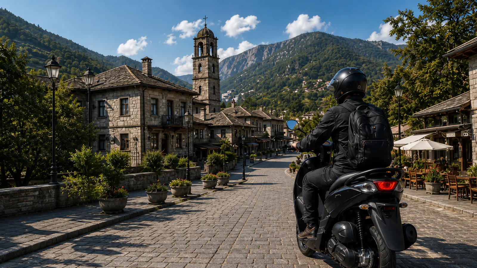 Παραδοσιακά πέτρινα σπίτια και βουνά στο Μέτσοβο