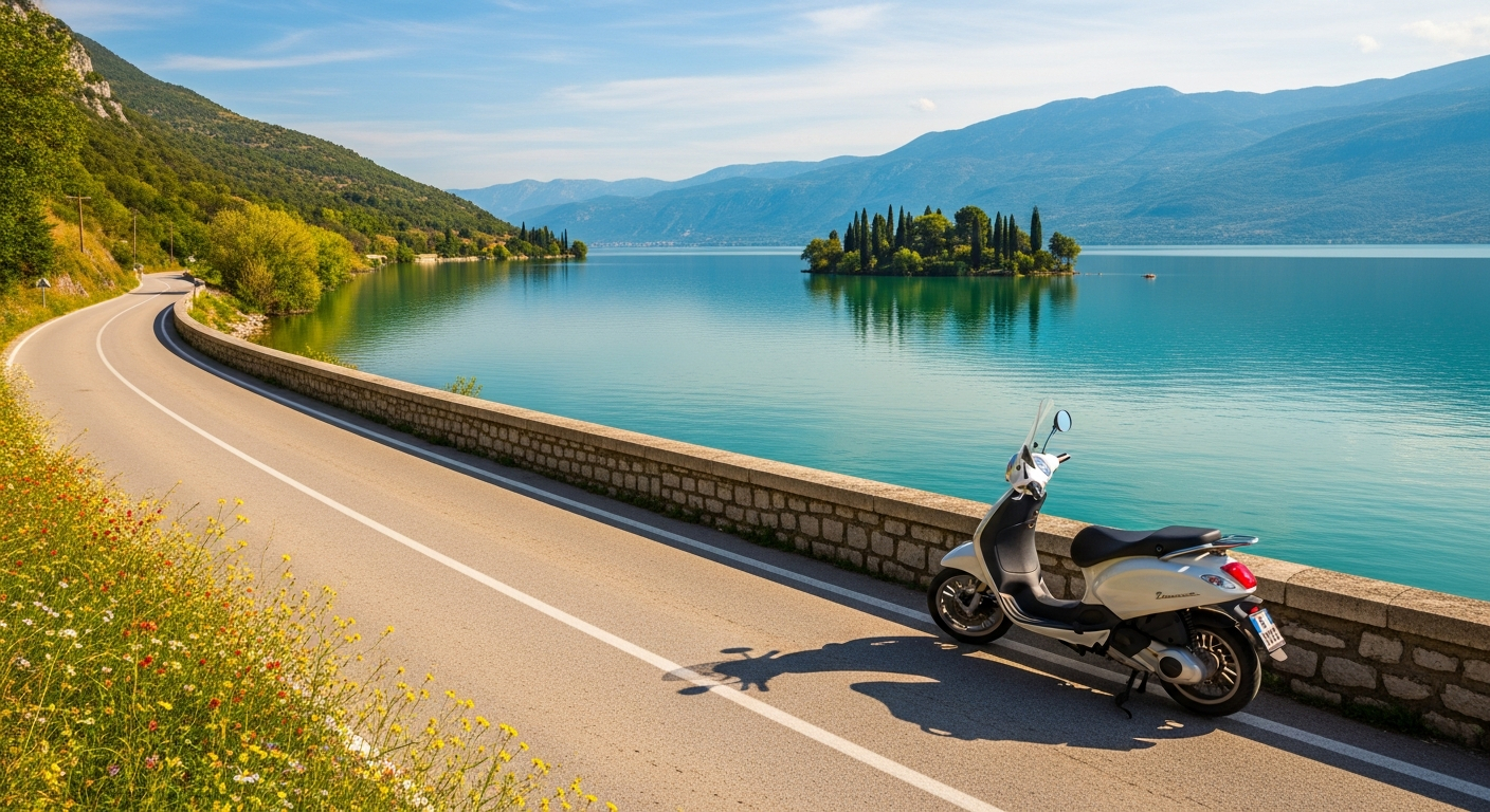 AI_IMAGE: Scenic lakeside road curving along the shore of Lake Pamvotida in Ioannina, Greece on a bright summer morning. Calm turquoise water reflects the surrounding green hills and distant Pindus mountains. A white Piaggio scooter is parked at a stone railing overlooking the lake, with the small island of Nissi and its cypress trees visible in the middle distance. Warm Mediterranean light, wildflowers along the roadside, clear blue sky with a few wispy clouds. The mood is relaxed, inviting, and quintessentially Greek summer. | photorealistic | landscape