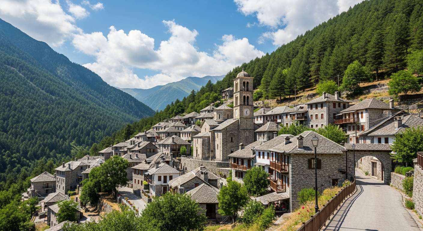 AI_IMAGE: The traditional stone village of Metsovo, Greece seen from across a green valley. Grey stone buildings with dark slate roofs cascade down a mountainside surrounded by dense pine forest. A church bell tower rises from the centre of the village. Bright summer daylight with blue sky and scattered white clouds. A winding road leads up to the village entrance. Warm, inviting, documentary travel photography style. | photorealistic | landscape