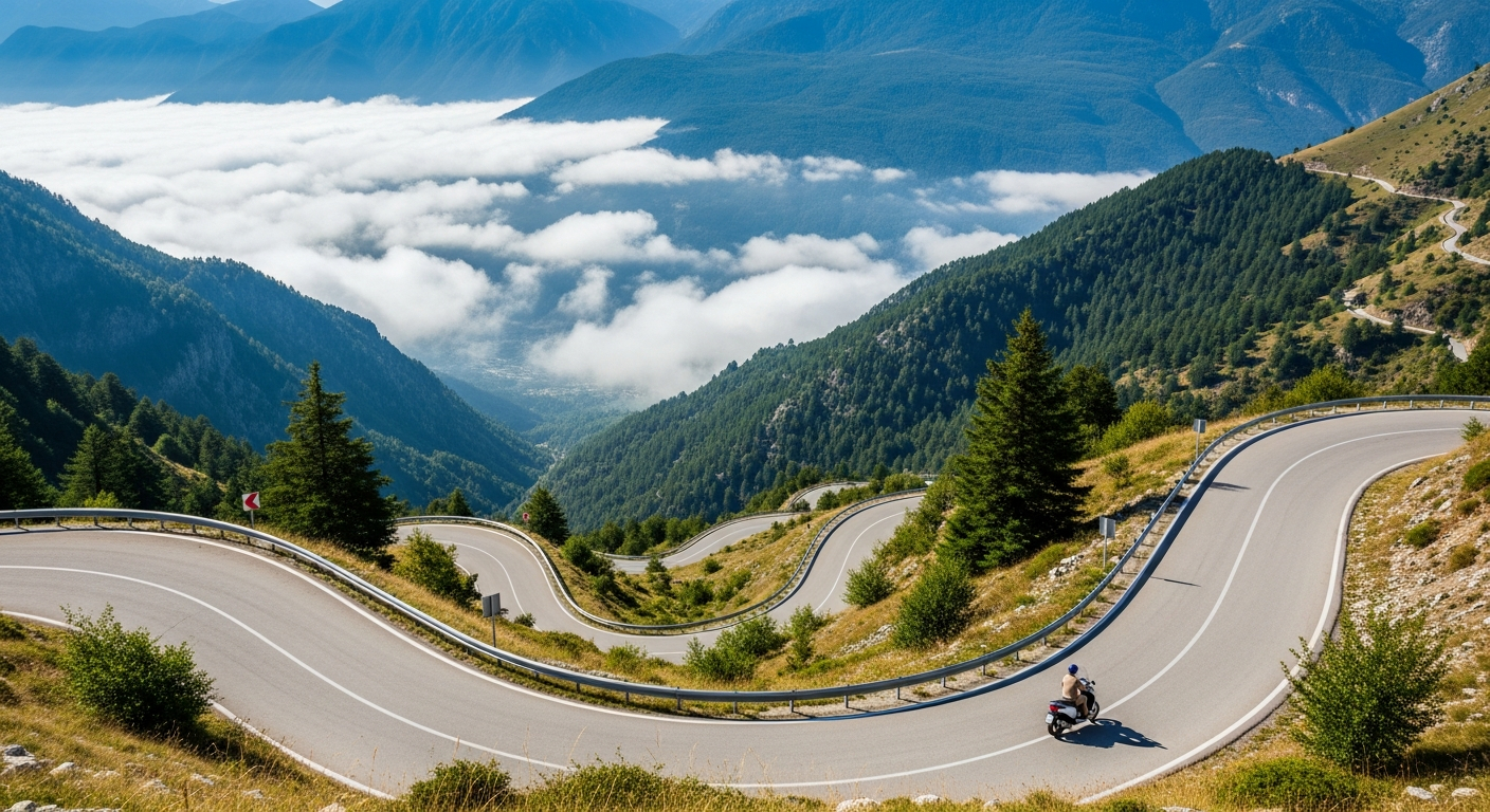 AI_IMAGE: A winding mountain road climbing through the Pindus range toward Metsovo, Greece in bright summer daylight. Hairpin turns are visible ascending a lush green mountainside dotted with pine and fir trees. Low white clouds drift through the valley below. A single Piaggio scooter rounds one of the bends in the middle distance. The asphalt is smooth and well-maintained with metal guardrails. Expansive valley panorama stretching to distant blue-grey mountain ridges. Warm natural light, sense of altitude and freedom. | photorealistic | landscape