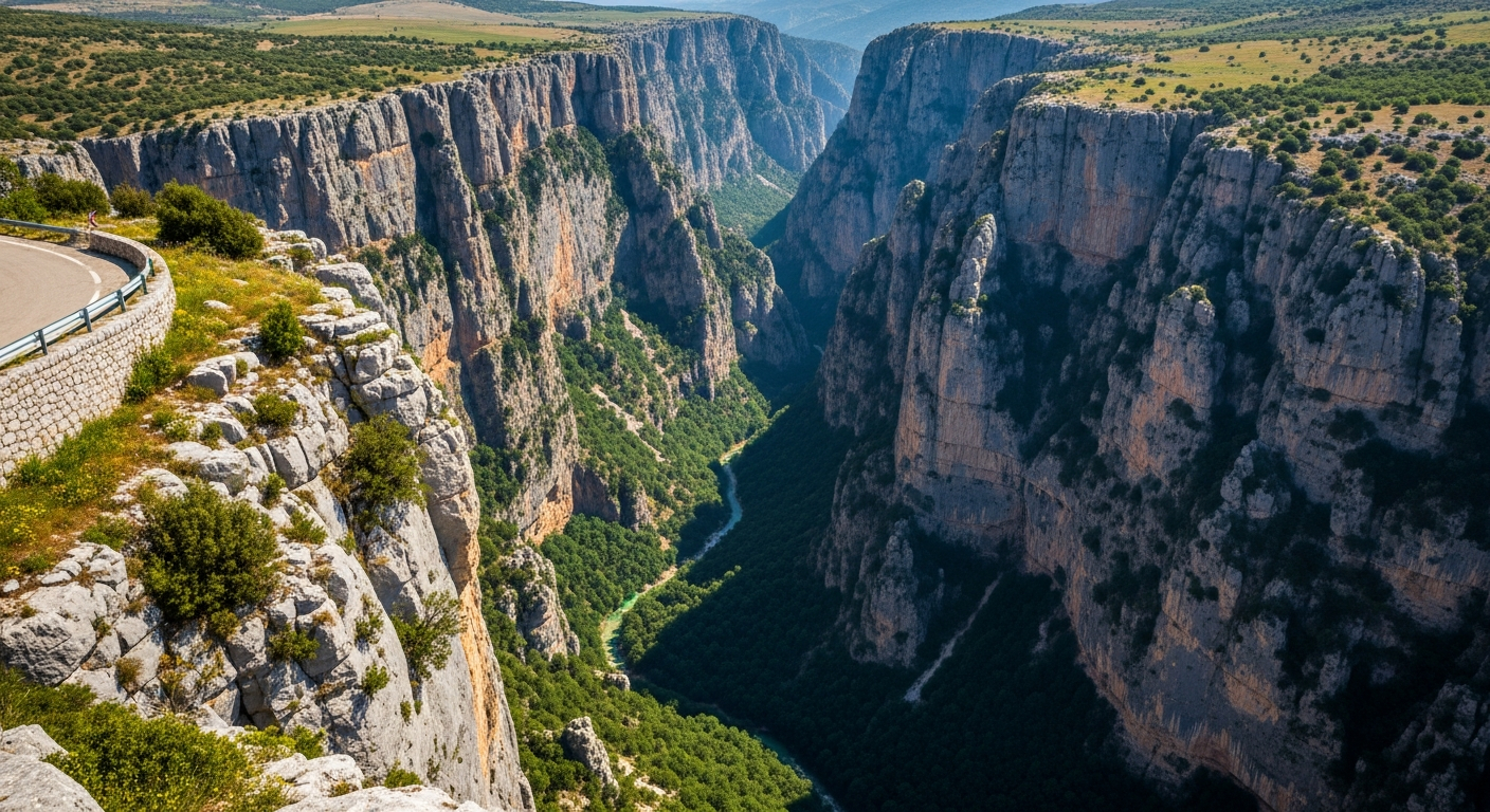 AI_IMAGE: Dramatic aerial view of Vikos Gorge in Epirus, Greece — the deepest gorge in the world relative to its width. Sheer grey and ochre limestone cliffs plunge vertically into a narrow canyon with dense green forest at the bottom. A thin ribbon of emerald river is visible far below. The surrounding plateau is covered in low scrub and wildflowers. Bright midday light creates strong shadows on the cliff faces. A narrow paved road with a stone wall guardrail is visible at the gorge rim. The mood is epic, adventurous, awe-inspiring. | photorealistic | landscape