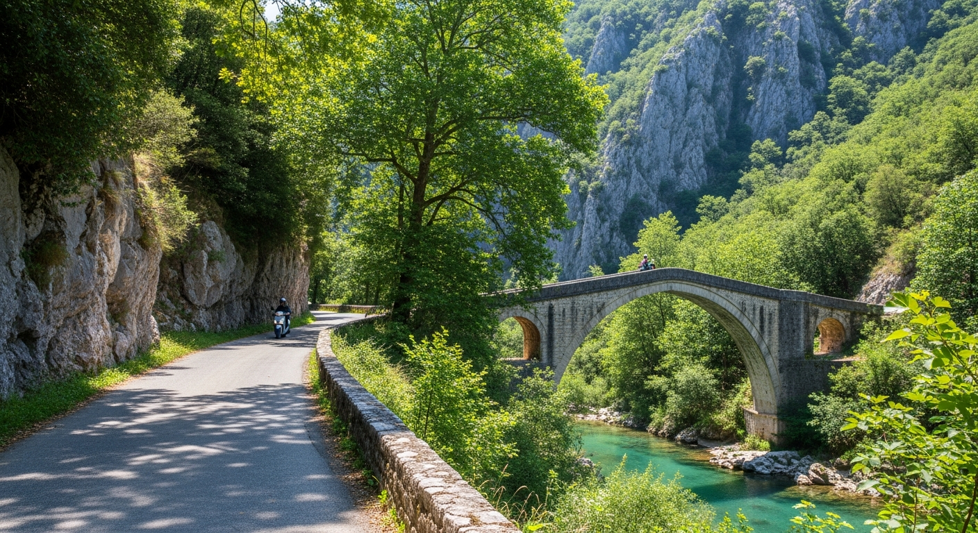 AI_IMAGE: A narrow paved road winding through the Zagorochoria region of Epirus, Greece in summer. The road passes between dense deciduous forest and grey limestone cliffs. An elegant triple-arched Ottoman stone bridge spans a clear turquoise river below the road. Lush greenery everywhere — plane trees, walnut trees, wild herbs. A scooter is visible approaching the bridge in the distance. Bright, warm daylight with dappled shade. The scene conveys heritage, nature, and quiet adventure. | photorealistic | landscape