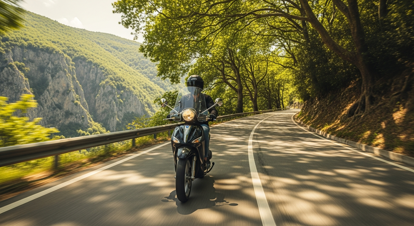 Μαύρο Piaggio Liberty 125cc scooter σε διαδρομή στην Ήπειρο