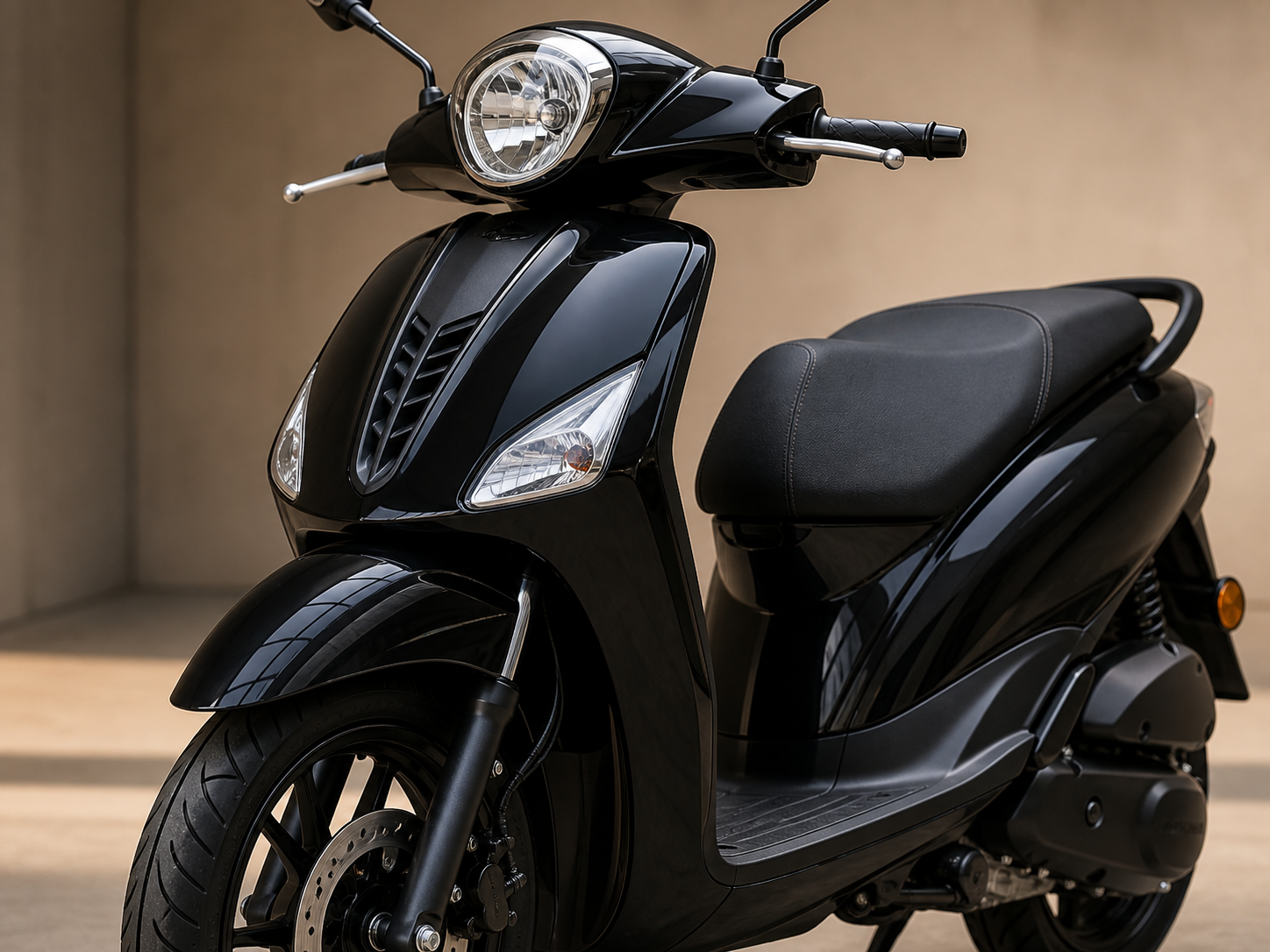 Detail view of a black 2026 Piaggio Liberty 125 scooter