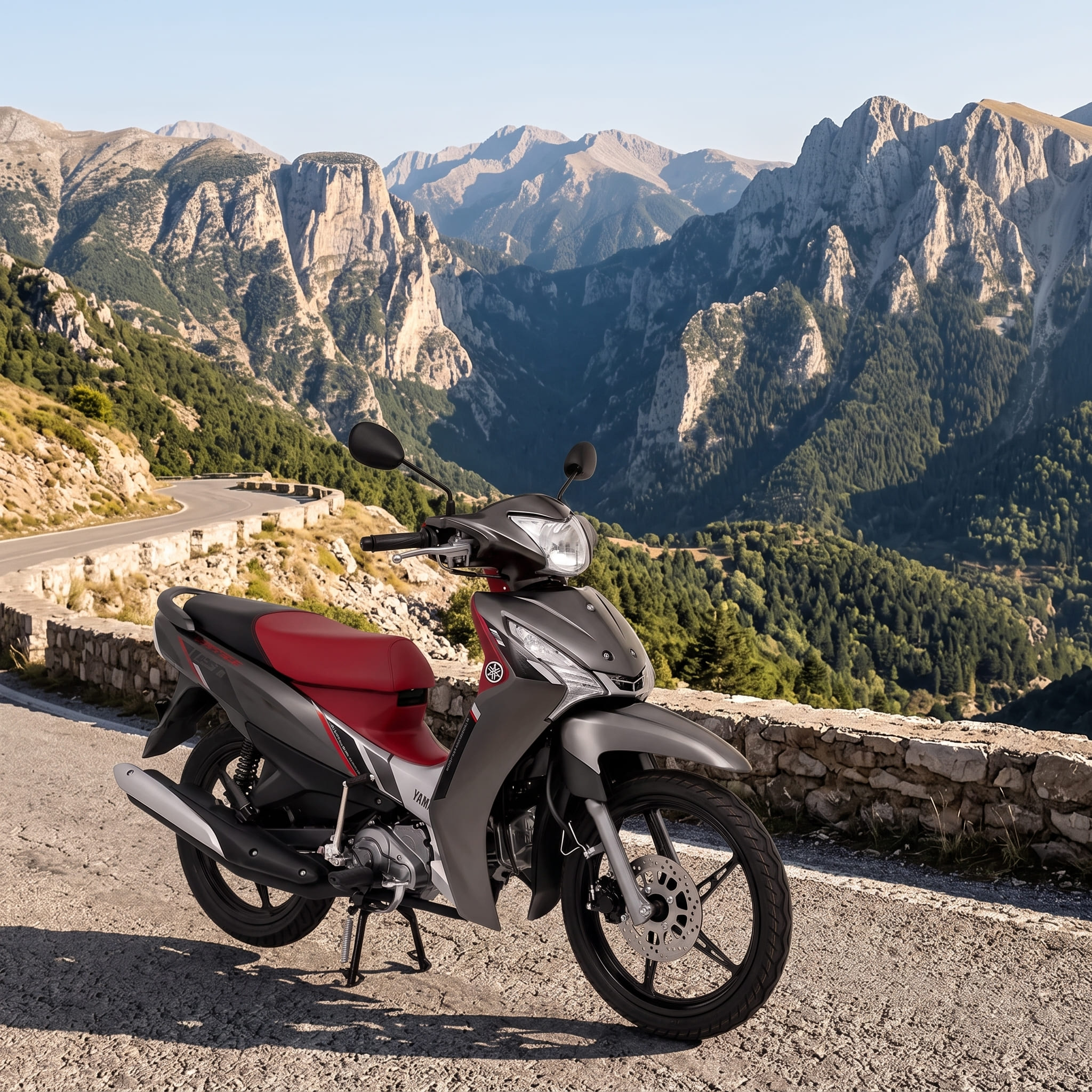 Yamaha Crypton S 115 — γκρι με κόκκινη σέλα, σε ορεινό τοπίο